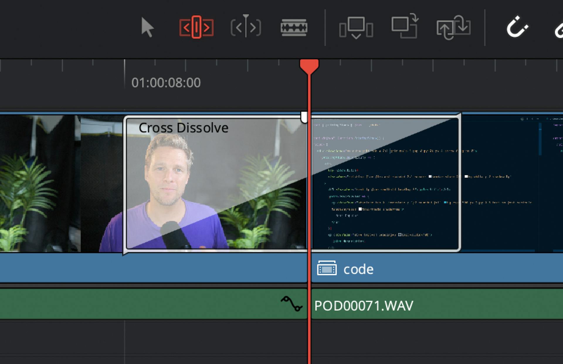Screenshot of video editing software showing a cross-fade transition